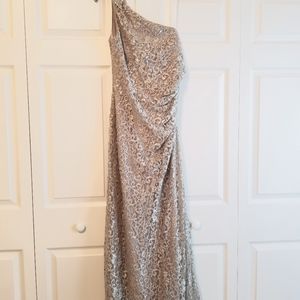 Betsy Adam evening gown, champagne colored, size 14, lace, one shoulder, rouched